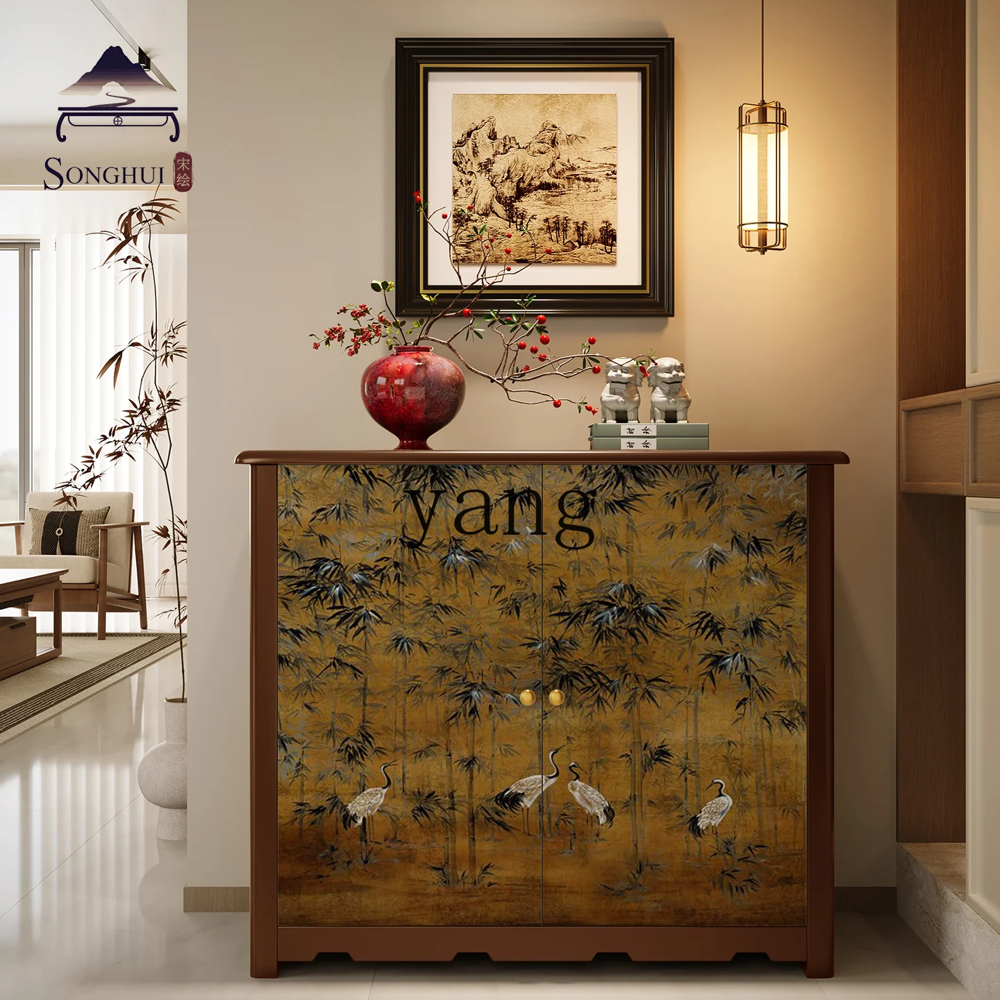 LH new Chinese side cabinet integrated storage against the wall all solid wood side cabinet