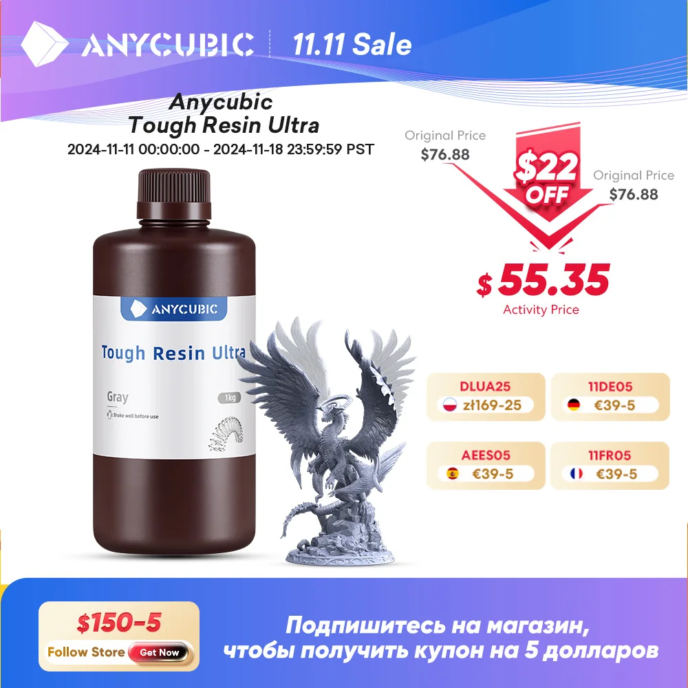 ANYCUBIC Tough Resin Ultra Strong Impact with Excellent Rebound Low-Odor For Photon Mono 2 LCD Printers Hair Printing Material R