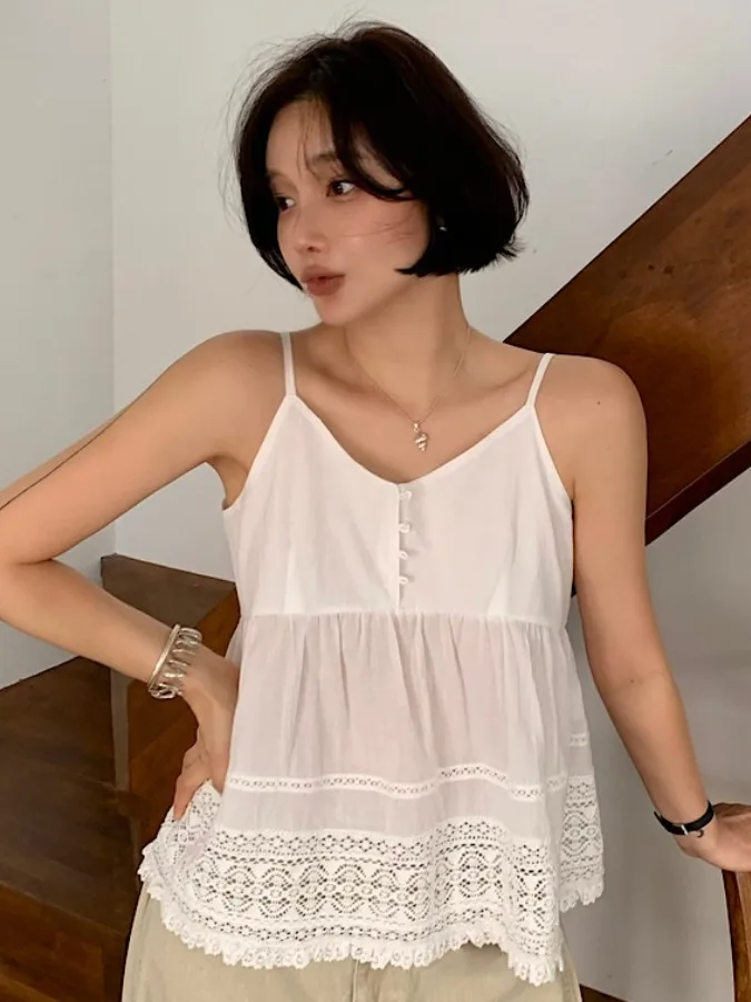 Été nouveau Sle femmes ample dentelle garni Patchwork Csole haut polyvalent Agel Svel irt décontracté Faionable