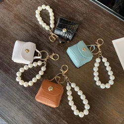 Small Earphone Box Soft Leather Key Organizer Bag Wallet Pouch Cute Mini Coin Purses Pearl Chain Keychain Handbags for Women