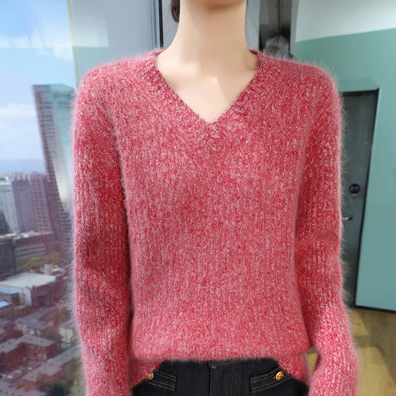 

2025 Winter 100% Pure Mink Cashmere Color Sweater Women's V-Neck Thicken Loose Pullovers Fashion Striped Large Size Knit Blouse