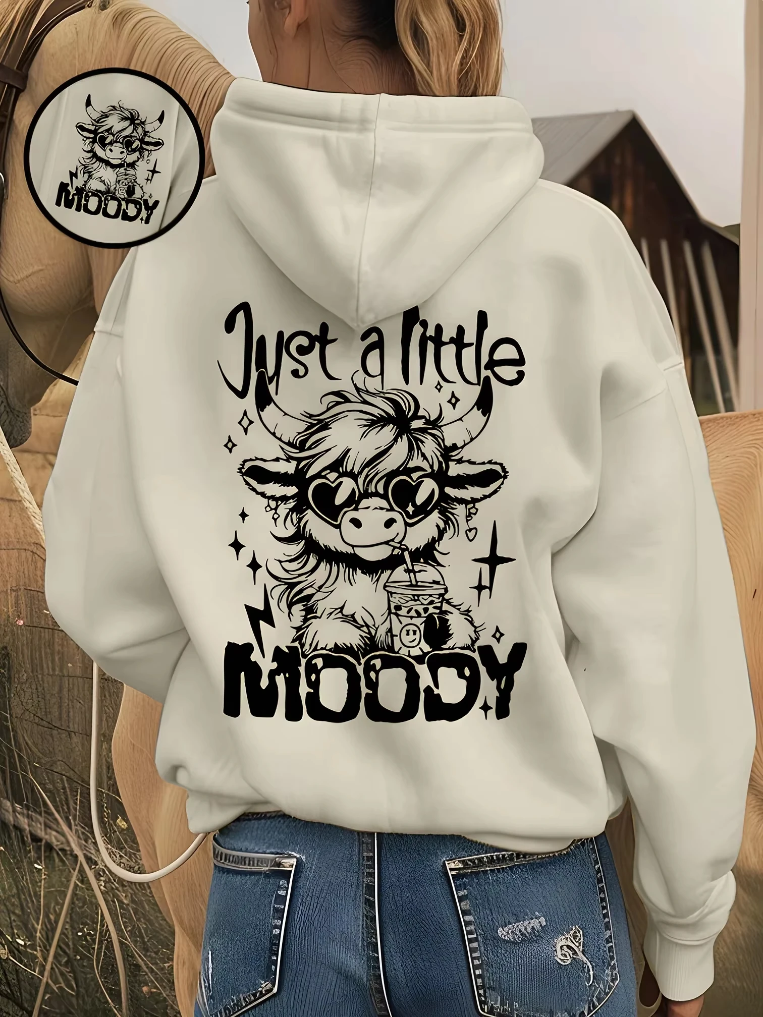 Moody Highland Cow Cartoon Graphic Hoodie Unisex Y2K Süßer Streetwear Lockerer Pullover Kapuzenpullover Hoodies Damen – Detail 12
