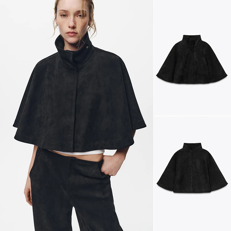 

Новое весеннее поступление, женский плащ с высоким воротником, бархатная текстура, круглый подол, оригинальный дизайн, свободный крой, длинная молния S...