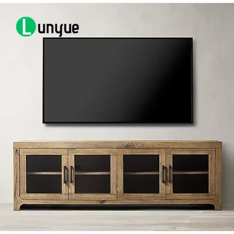 Custom Solid Wood TV Cabinet with 4 Glass Doors American Retro Long Media Console Table for Living Room Furniture Storage