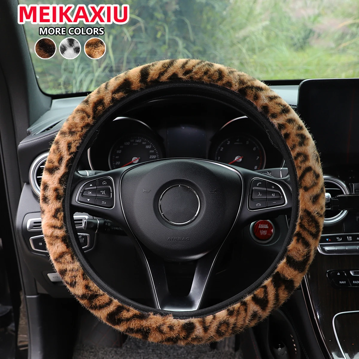 Leopardenmuster Kunstnerzfell Lenkradbezug Winter Warm Wrap Kunstleder 14,5-15 Zoll Auto Randlos – Detail 3