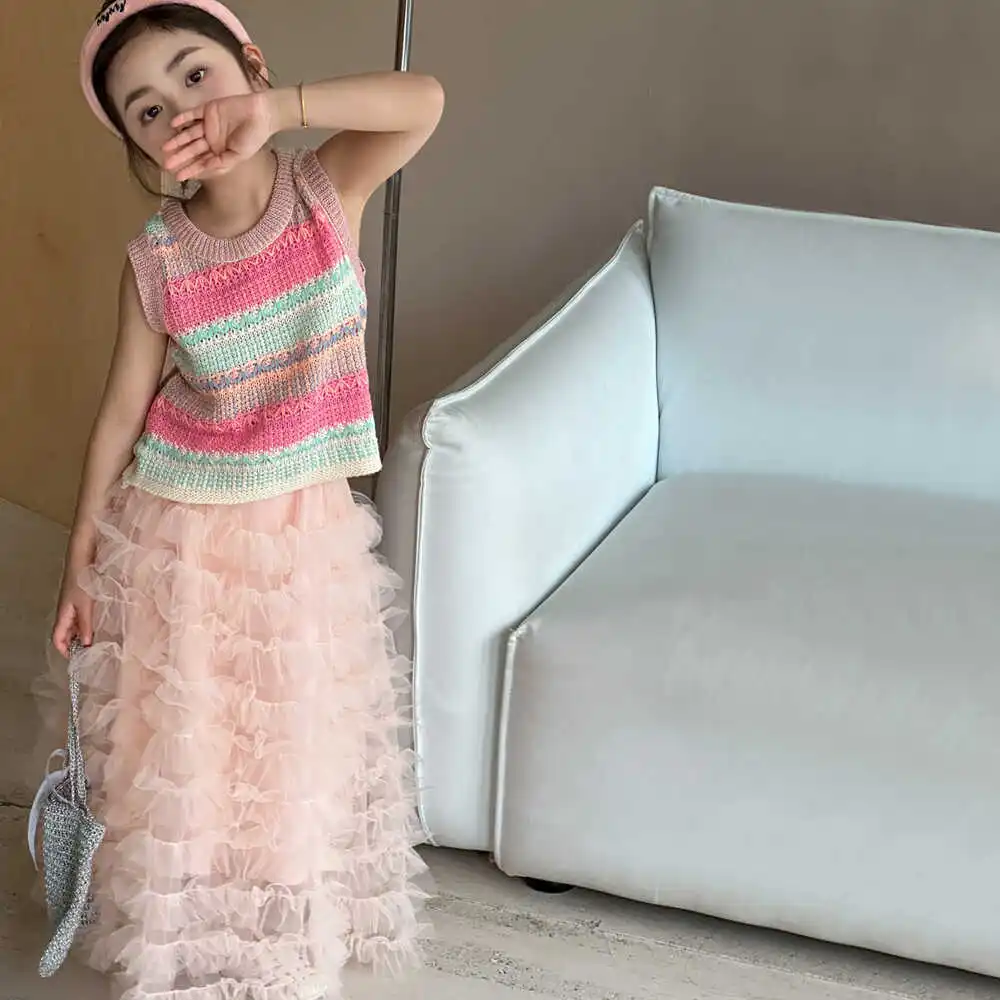 

Girls Two-piece Set 2024 Summer New Childrens Clothing Western-style Vest Girl Princess Cake Dress Gauze Dress Two-piece Set