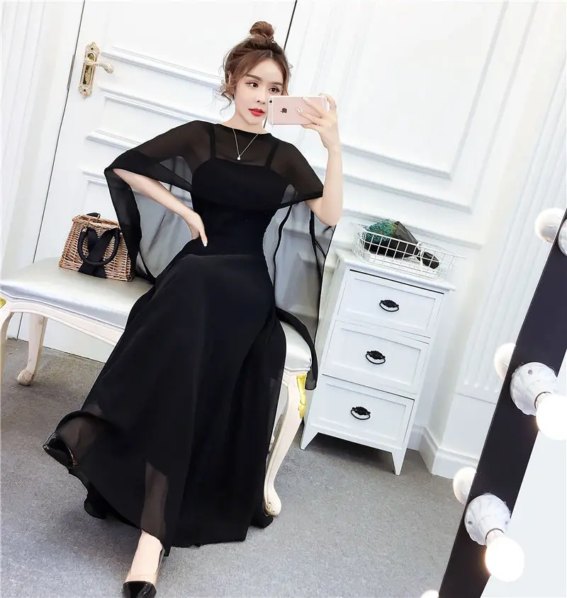 เสื้อกล้าม เสื้อชั้นในสตรี กระโปรง ครีมกันแดด ผ้าคลุมไหล่ ผ้าชีฟอง สองชิ้น แฟชั่นหรูหราและซุปเปอร์นางฟ้าเจ้าหญิง ชุดลําลองยาว