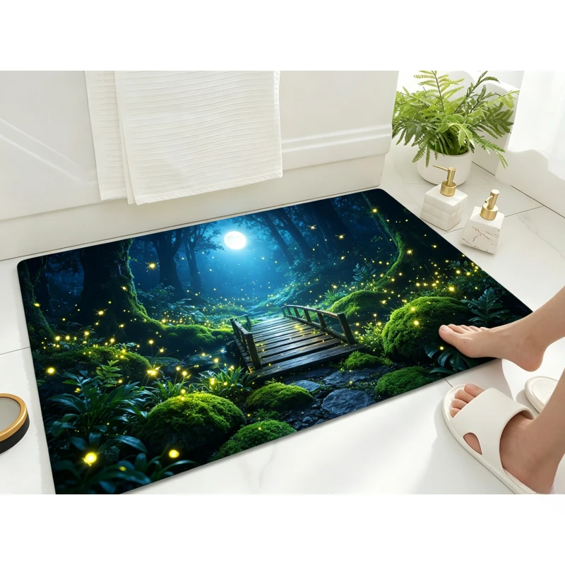 Jungle Landscape Floor Rug Lush Tropical Rainforest Waterfall Mossy Stone Monstera Foliage Scenery Pattern Decor Area Rug