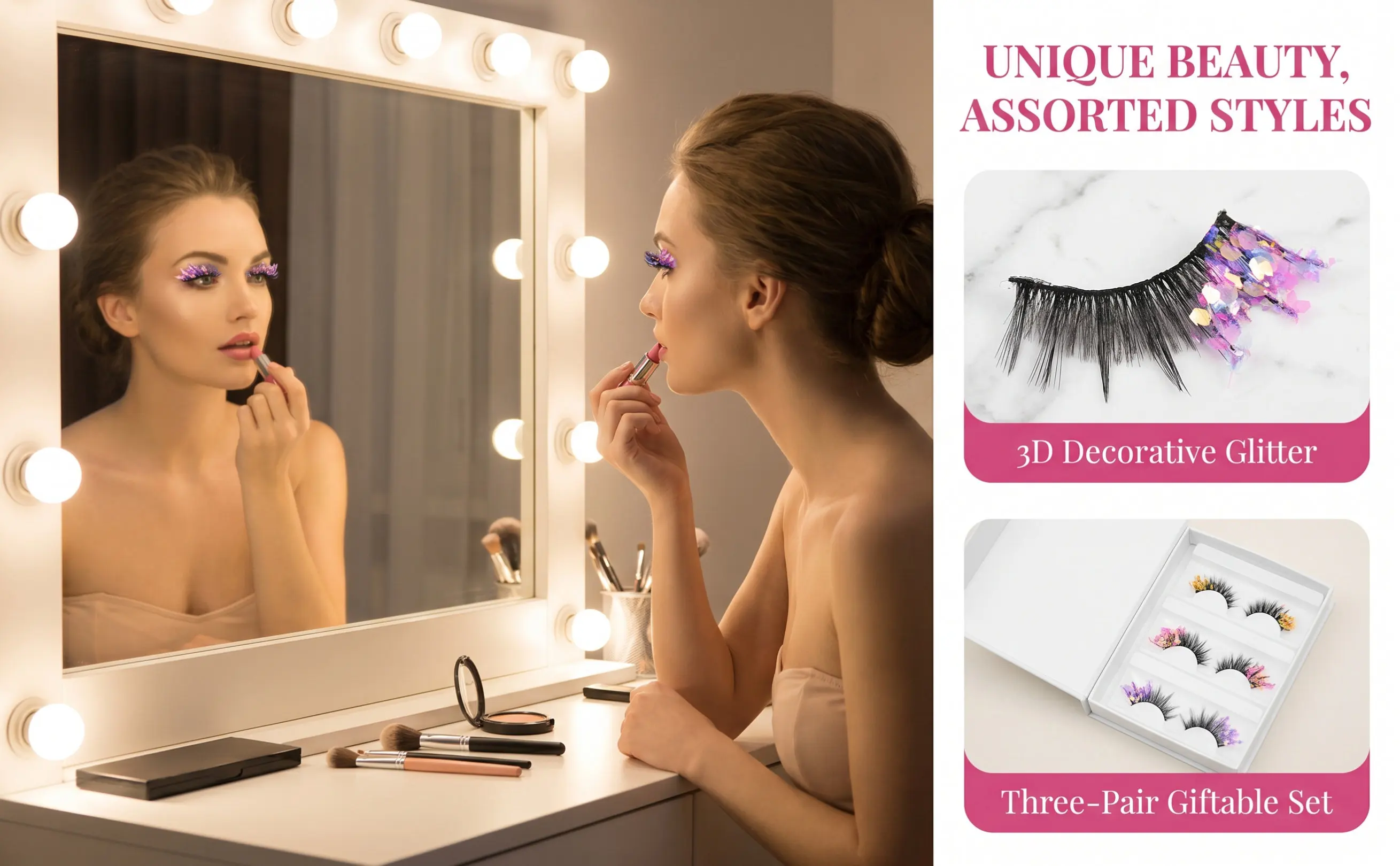 3Pairs Glitter False Eyelashes Fluorescent Colored Fake Lashes Natural Faux Eyelash Set for Special Occasions Gift for Her Mom