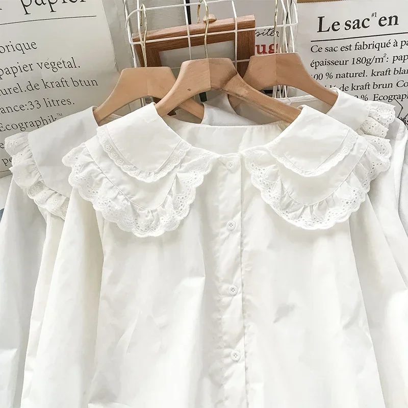 Peter Pan Collar Solid Color Lolita Shirts Spring Summer Sweet Vintage Women Clothing Blouses Single-breasted Chic Blusas Mujer