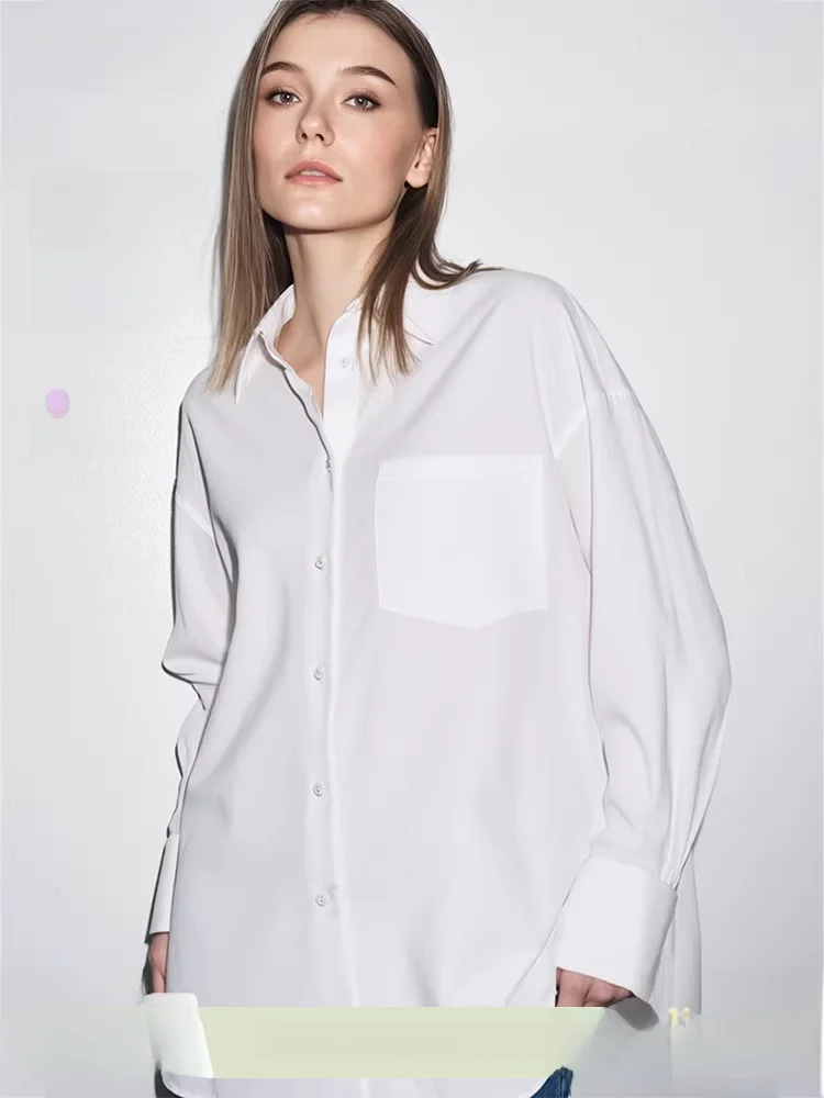 

Spring New Sle Simple Commute Turn-down Collar oulder-drop Sve White Cotton Women's irt i Casual Loose Fit Top