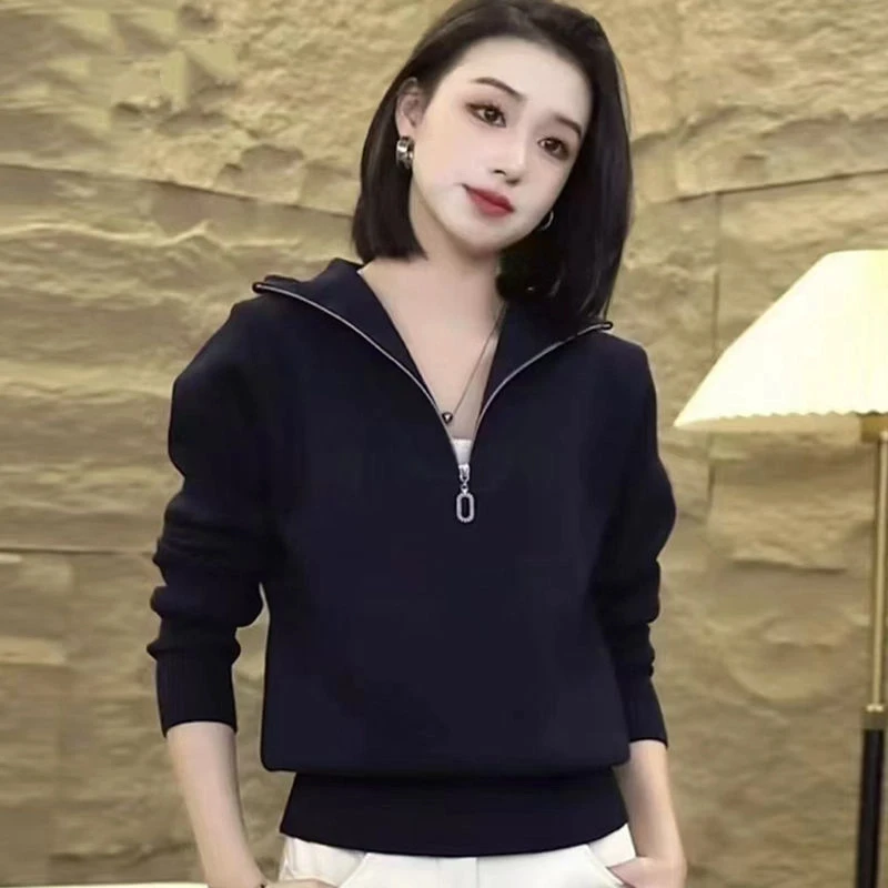 เสื้อสเวตเตอร์แขนยาวผู้หญิงแบบเรียบง่าย สไตล์ลำลอง แฟชั่น ทันสมัย ผ้าถัก คอซิปครึ่งตัว สีพื้น