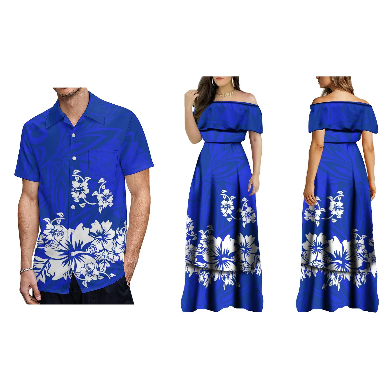 2024 New Arrival Custom Elegant Frill Off Shoulder Dress Gowns Polynesian Samoan Tribal Printed Long Maxi Evening Dresses Women