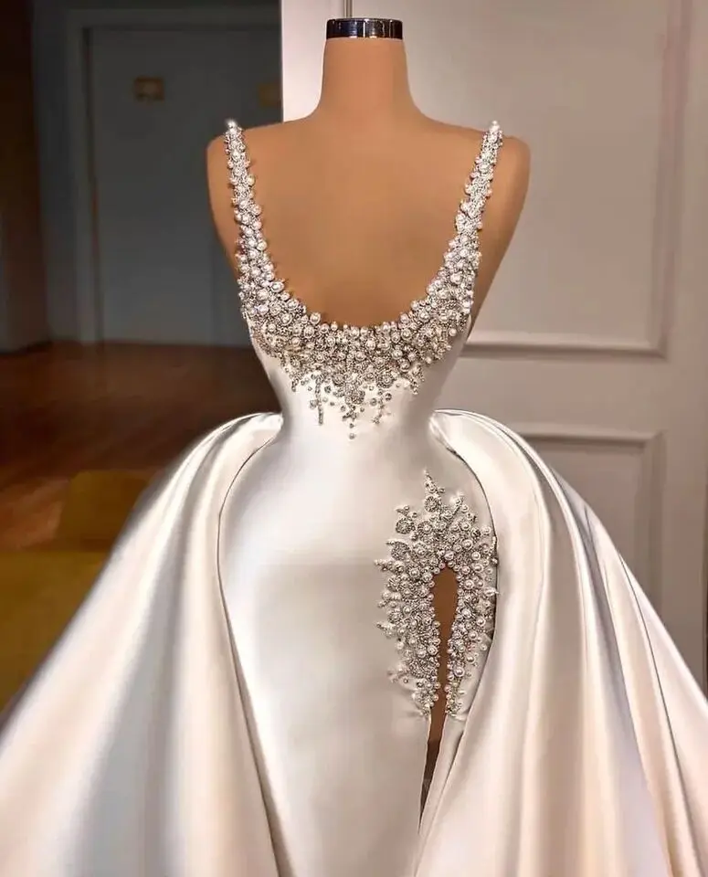 Msikoods-Vestido de novia con perlas de sirena, Vestido de novia con abertura lateral de tren desmontable, hecho a medida