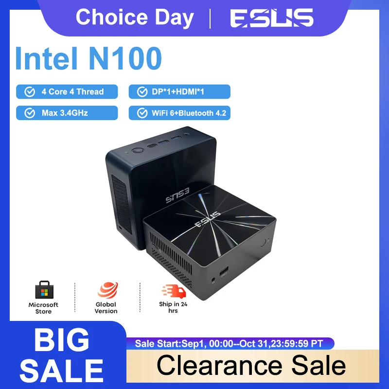 ESUS-Mini PC de Poche avec Processeur Intel N100, 8 Go de RAM, 512 Go de ROM, Windows 10, WiFi 6, 1000 Mbps, Ordinateur de Bureau pour Joueur