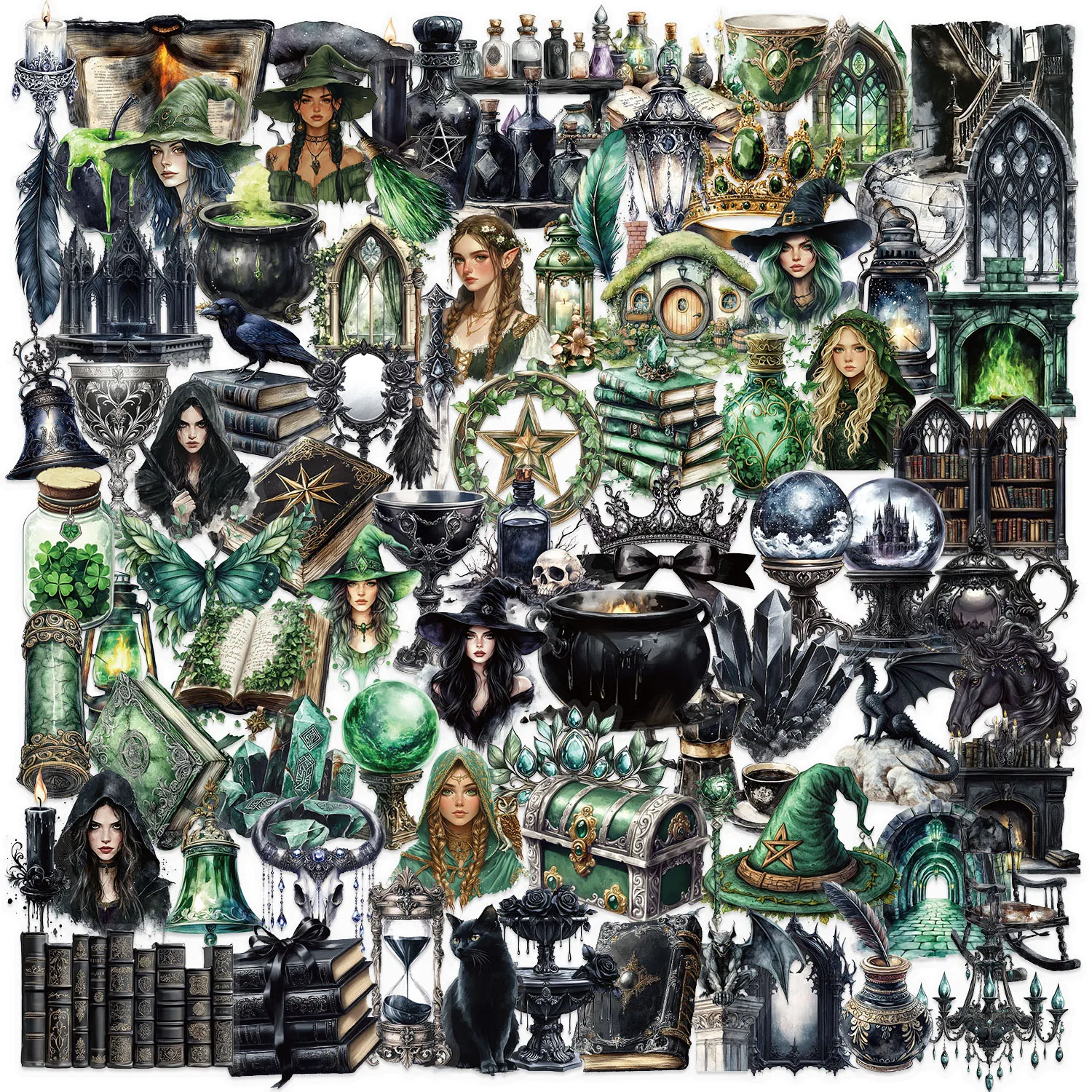 100pcs Green Vintage Darkness PET Sticker Aesthetic Tear Open Decoration Scrapbooking DIY Hand Accounting Stationery Supplies