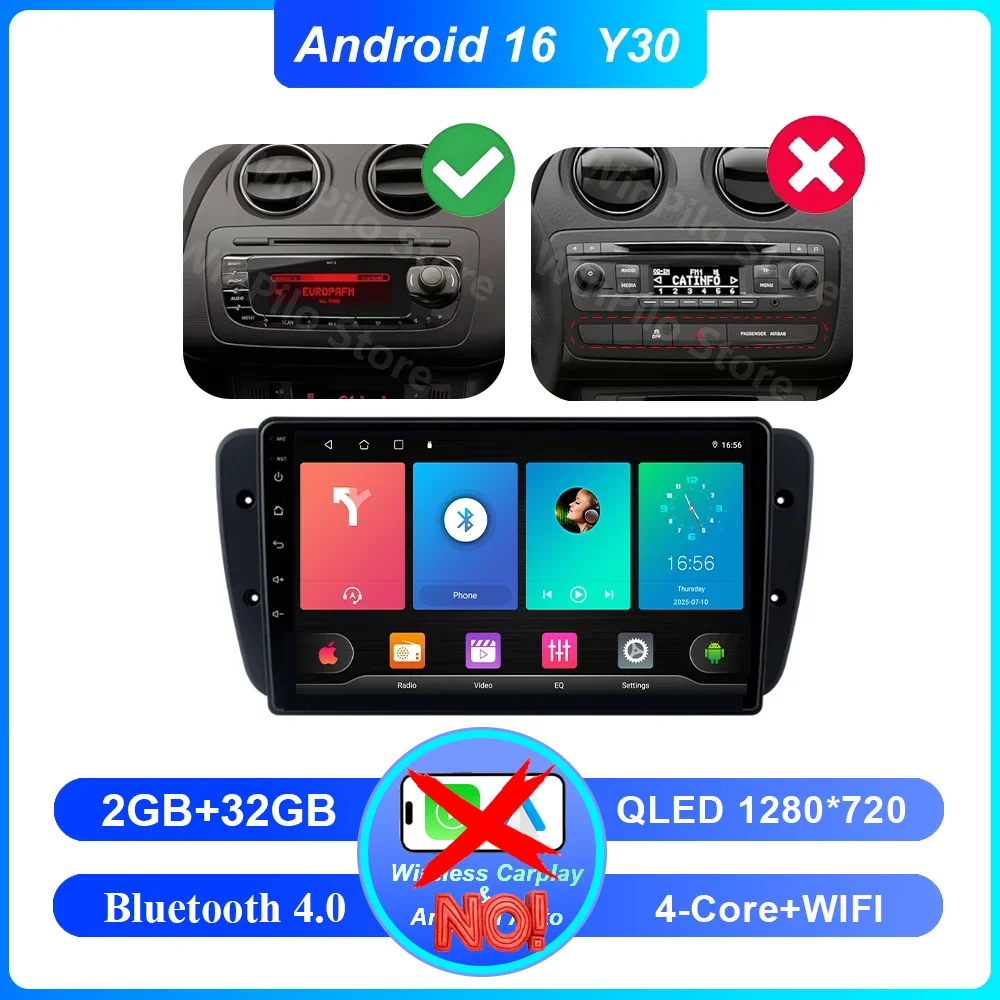 Android 16 Car Radio for Seat Ibiza MK4 6J 2008-2015 Auto Multimedia Player CarPlay Android Auto GPS Bluetooth 4G WIFI Head Unit