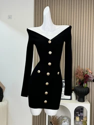 Winter Women French Vintage Evening Midi Knit Dress V-Neck Frocks Long Sleeve Bodycon One-Piece Party Evening Old Money Coquette