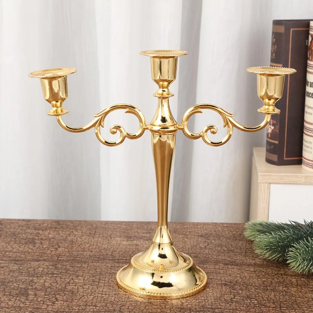 3 Arms Metal Candle Holder High Gloss European Retro Exquisite Candlestick Holder for Dining Tables Wedding Holiday Decoration