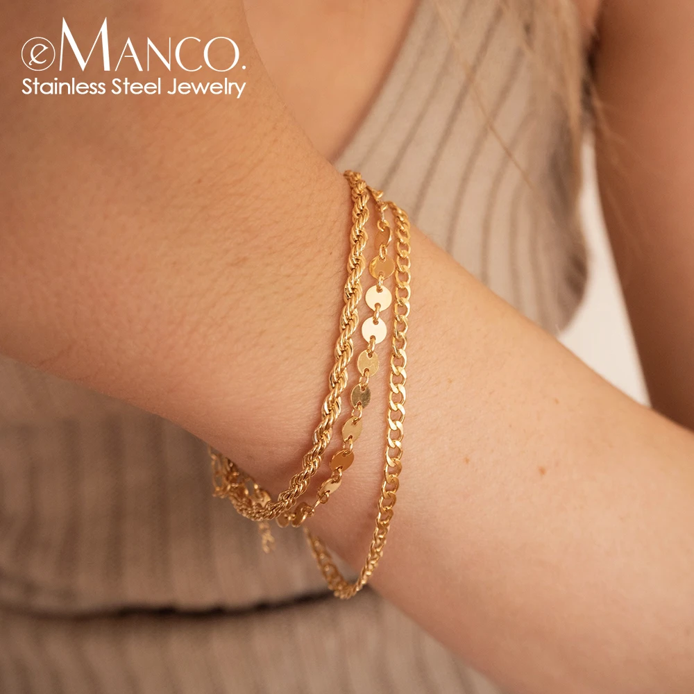 e-Manco Three Layered Coin Chain Cuban Chain Twist Chain Bracelet 316L Stainless Steel Gold Plated Women Body Fashion Jewelry