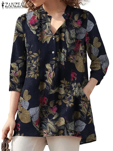 Imagen 2 del producto ZANZEA-Túnica con estampado Floral para mujer, Tops de algodón con manga 3/4, blusas holgadas informales, camisas Vintage de medio botón para verano 2025
