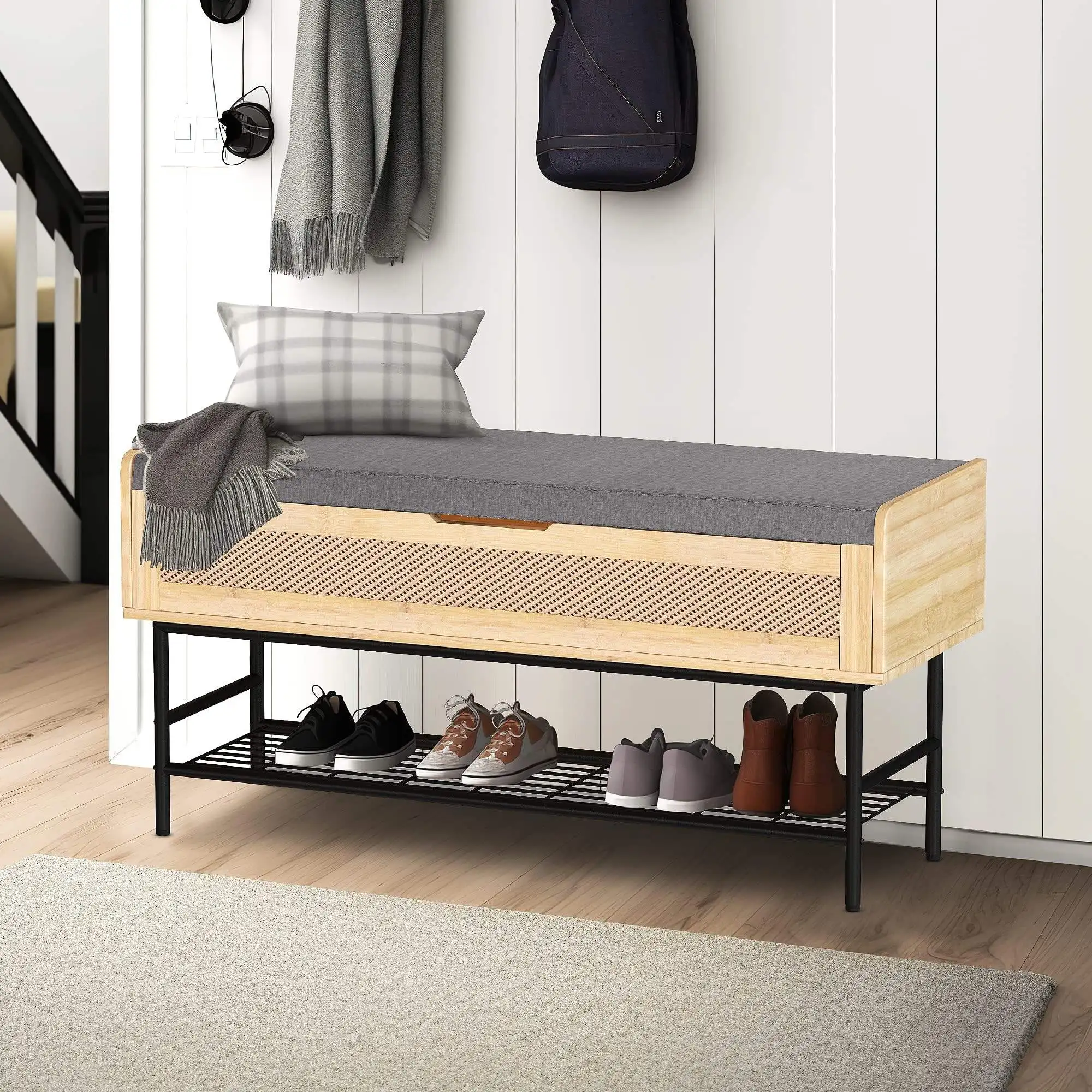 With Seat 2-Tier Storage Rack Cabinet Shoe Cabinet Bench For Bed End Entryway Multi-functional Metal Frame Wooden Shoe Bench