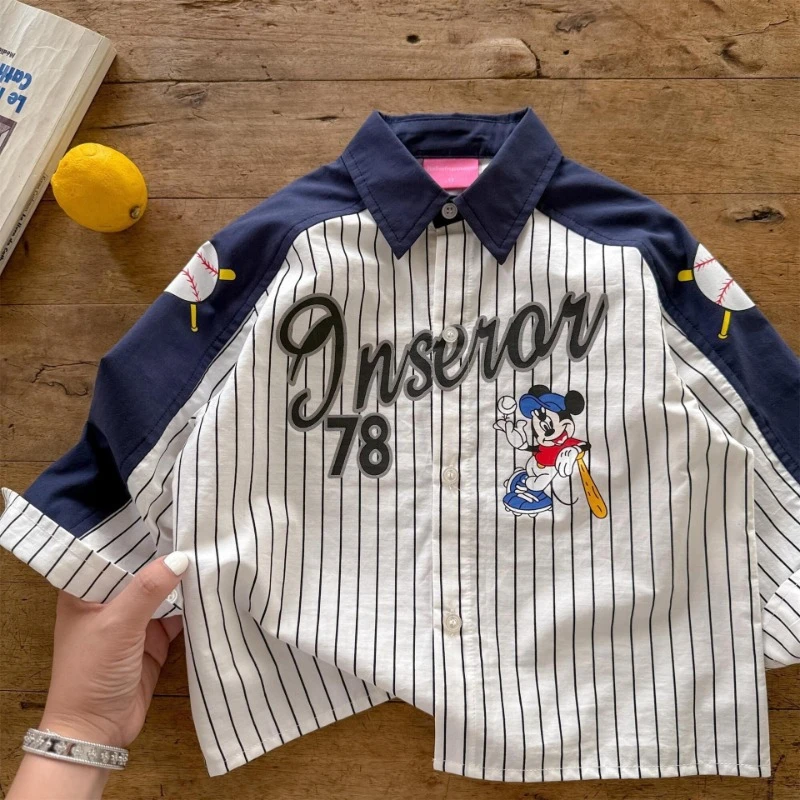 

Boys Color Block Shirt, Kids Long Sleeve Striped Top Cartoon Preppy Style Casual Wear