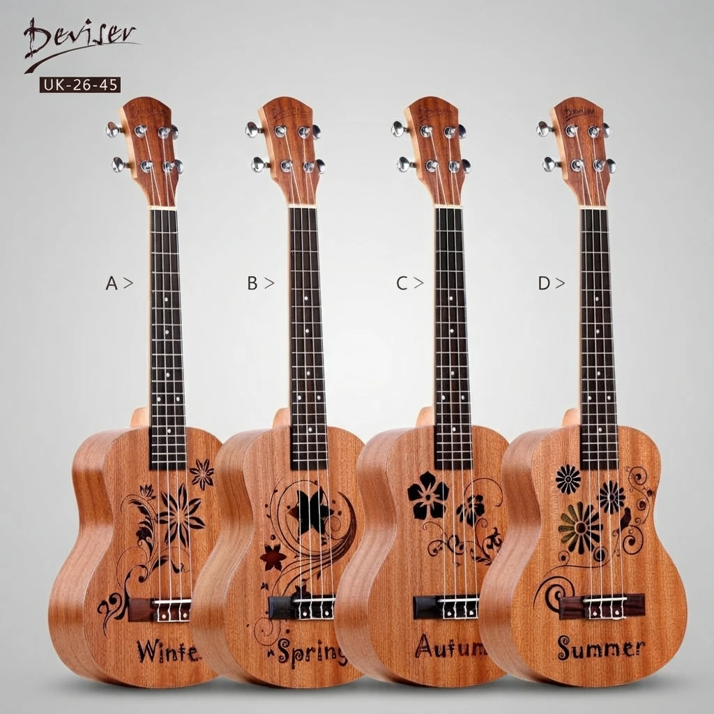 Floral Carved Ukulele 4 Strings, Four Seasons Patterns, Brown Matte Soprano Body, Silver Closed Tuners for Beginners Practice