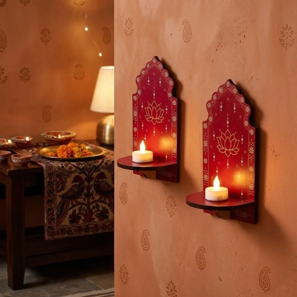 Meditation Wood Indian Wall Candle Holder Hand Painted Ethnic Style Diwali Candle Stand Pooja Prayer Arch Shape