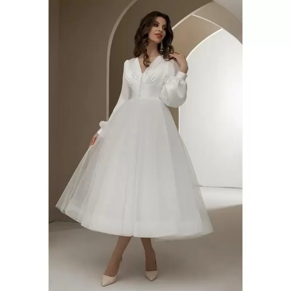 Vestido de noiva simples com decote em v para mulheres, vestido de noiva comprimento de chá, manga longa, tule linha A, vestido de baile, novo