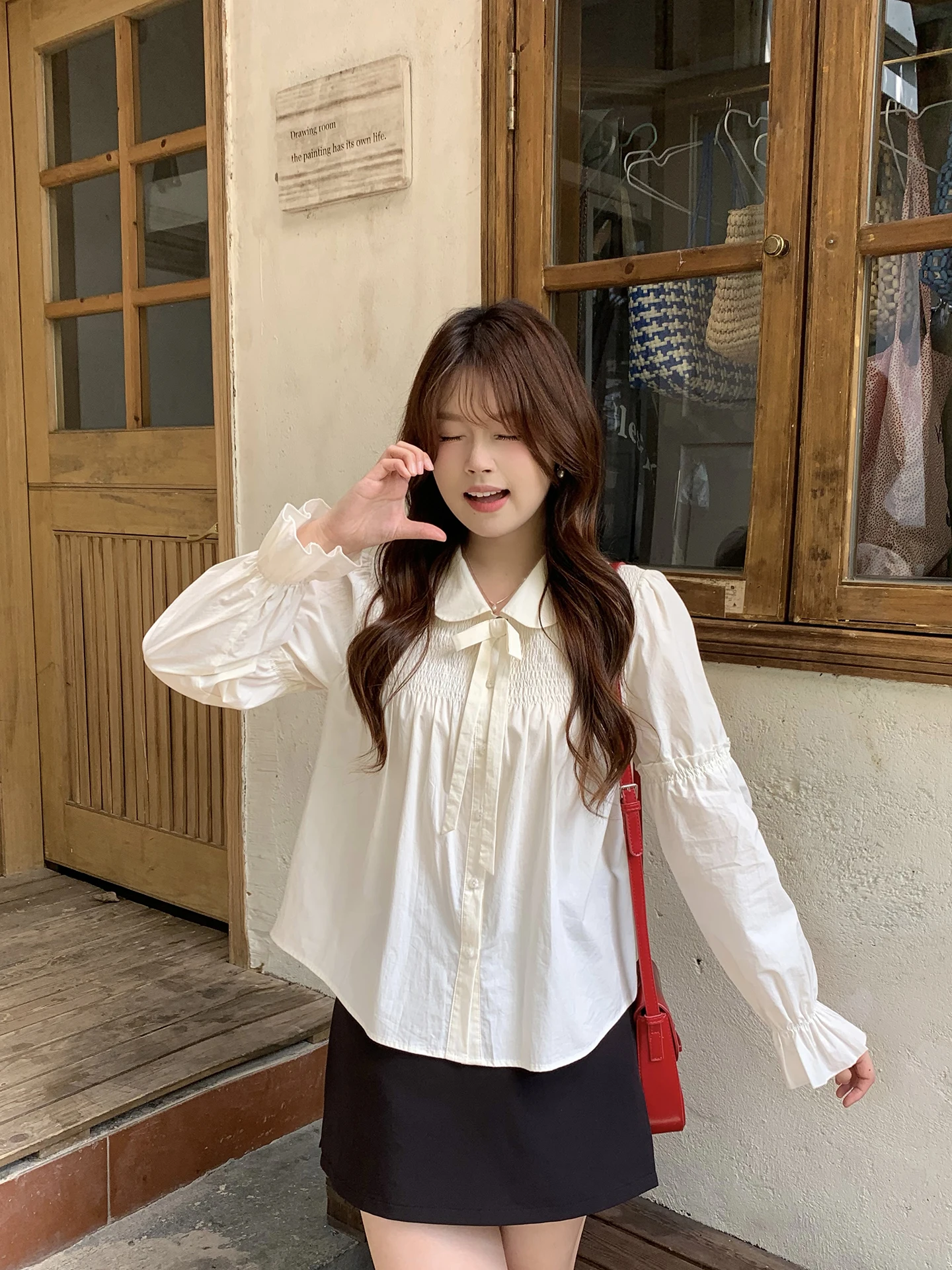 

Женская блузка Sweet Girl большого размера с воротником-рубашкой в корейском стиле, с длинным рукавом, свободного кроя, весенняя модная блузка с узлом