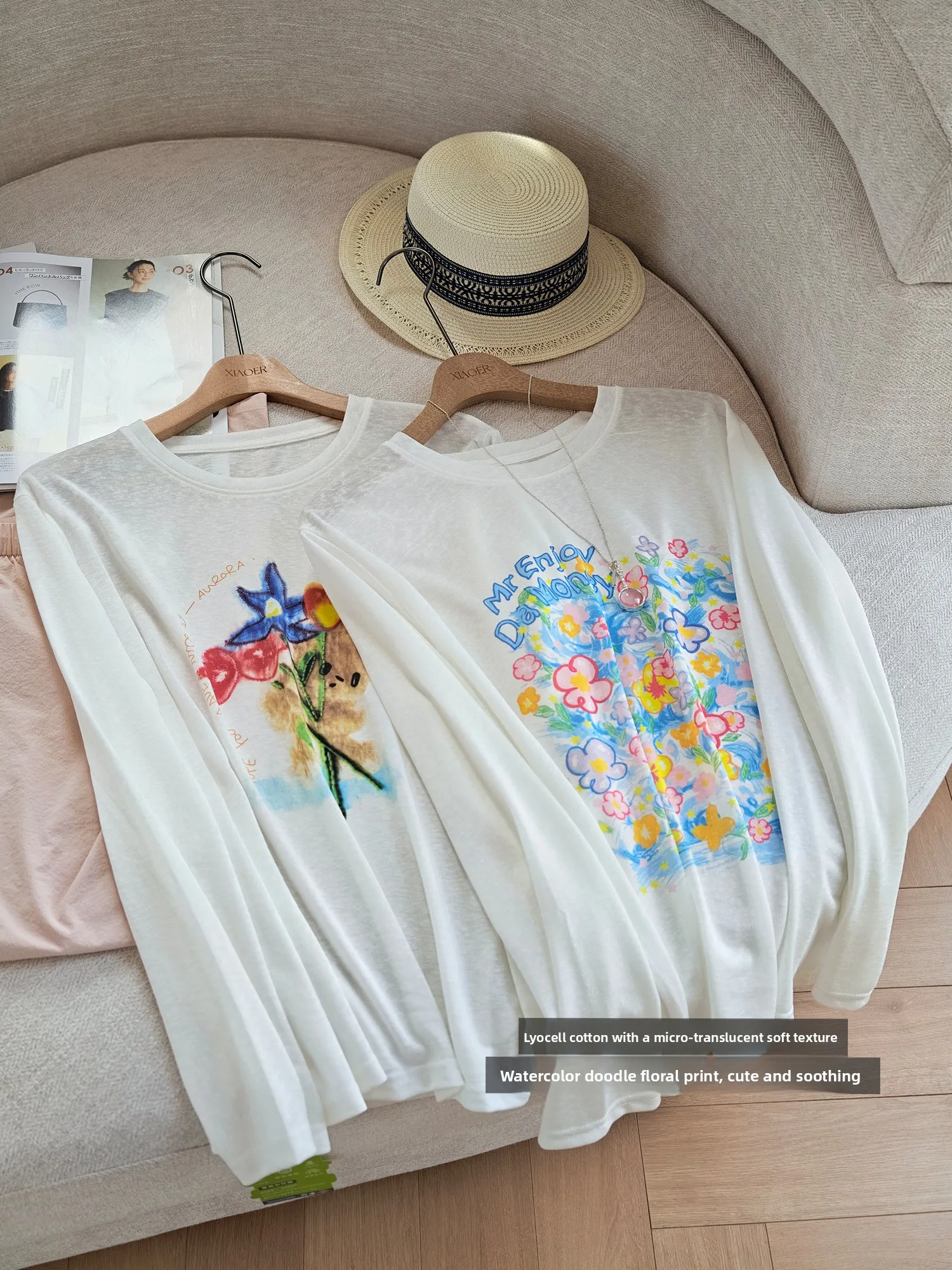Cool Feeling Lenzing Snowflake Cotton Watercolor Graffiti Print Loose round Neck Long Sleeve T-Shirt for Women Casual Style