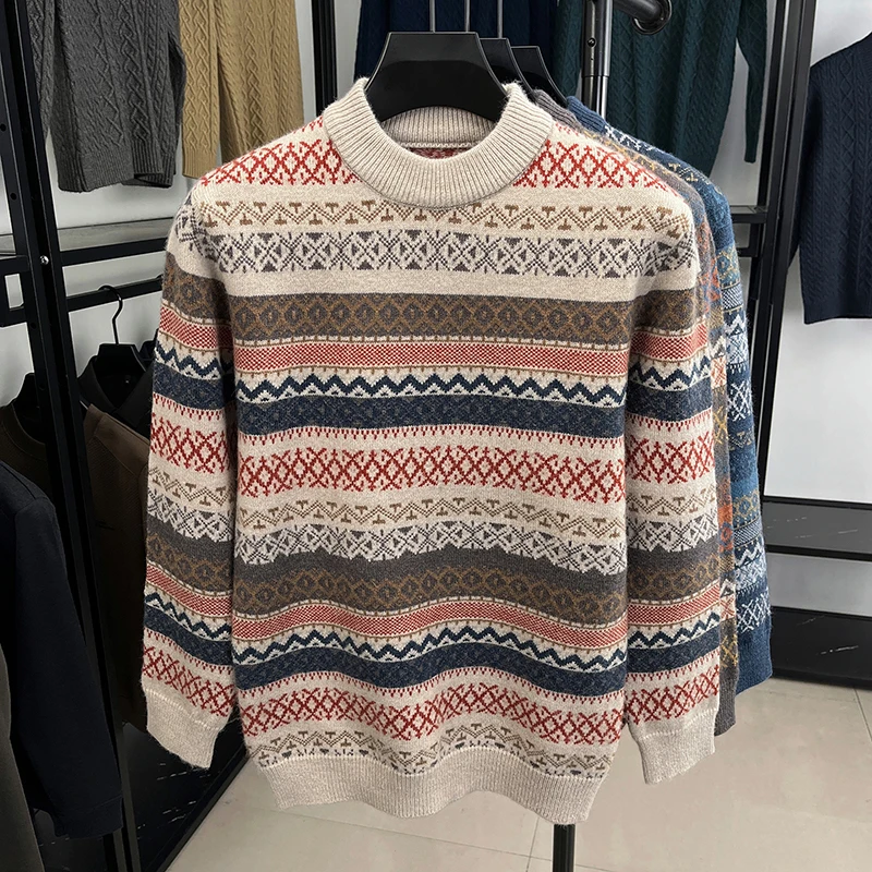 

New Fashion Patchwork Men Jumper Thick 2025 Winter Trendy Striped Sweater Long Sleeve Knitwear Warm Pullover Clothes