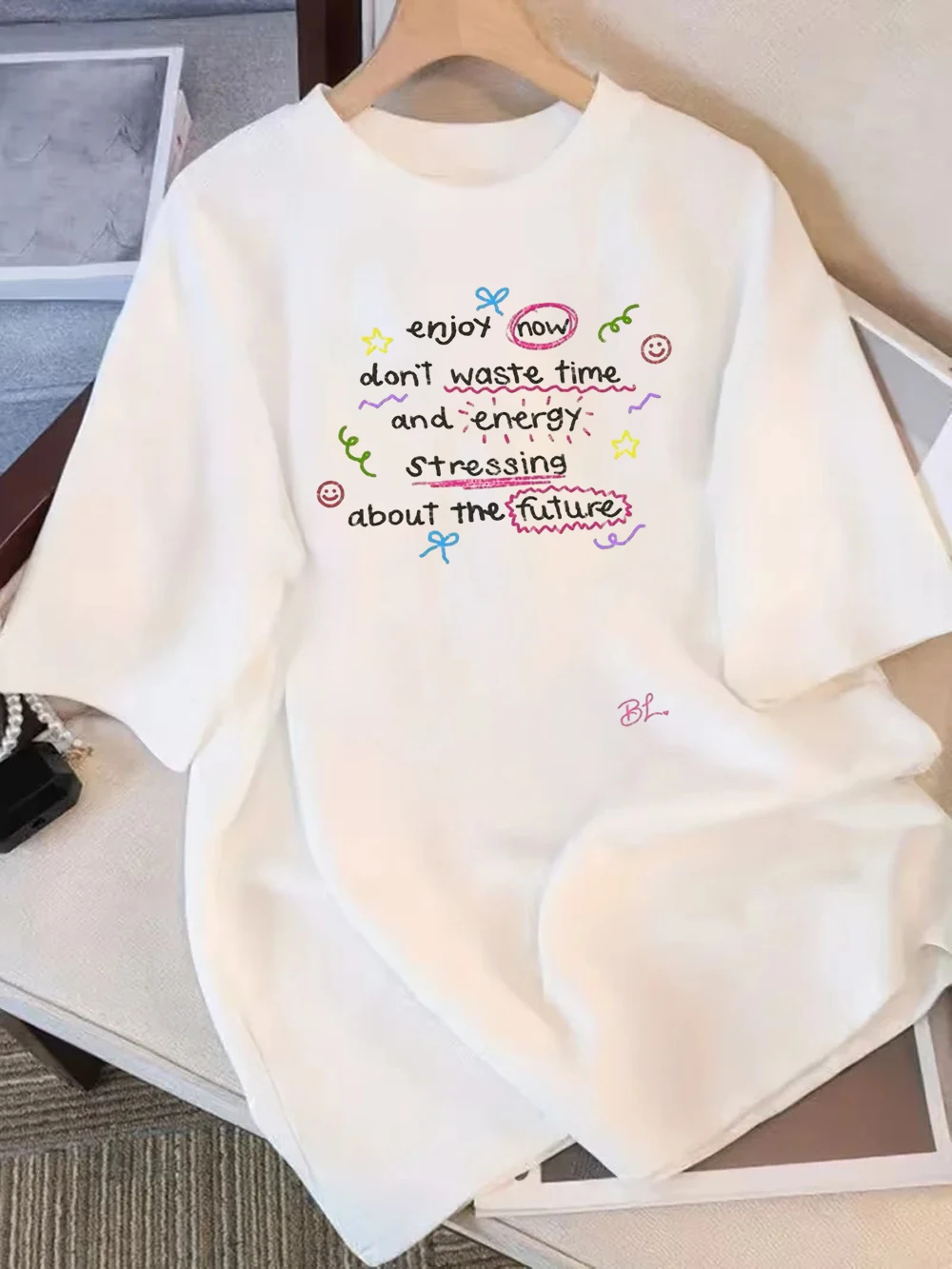 Trendy Colorful Letter & Doodle Print Casual White Short Sleeve T-Shirt Neck Loose Fit Positive Quote Tee for Daily Streetwear