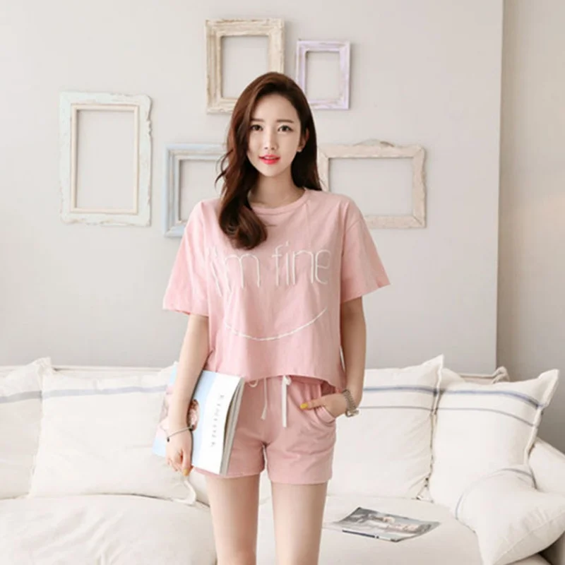 Gilrs Summer Two Pieces Short Pajamas Thin Sweet Cute Loose Short Sleeve Homewear With Letter Sports Casual O-neck Home Clothing