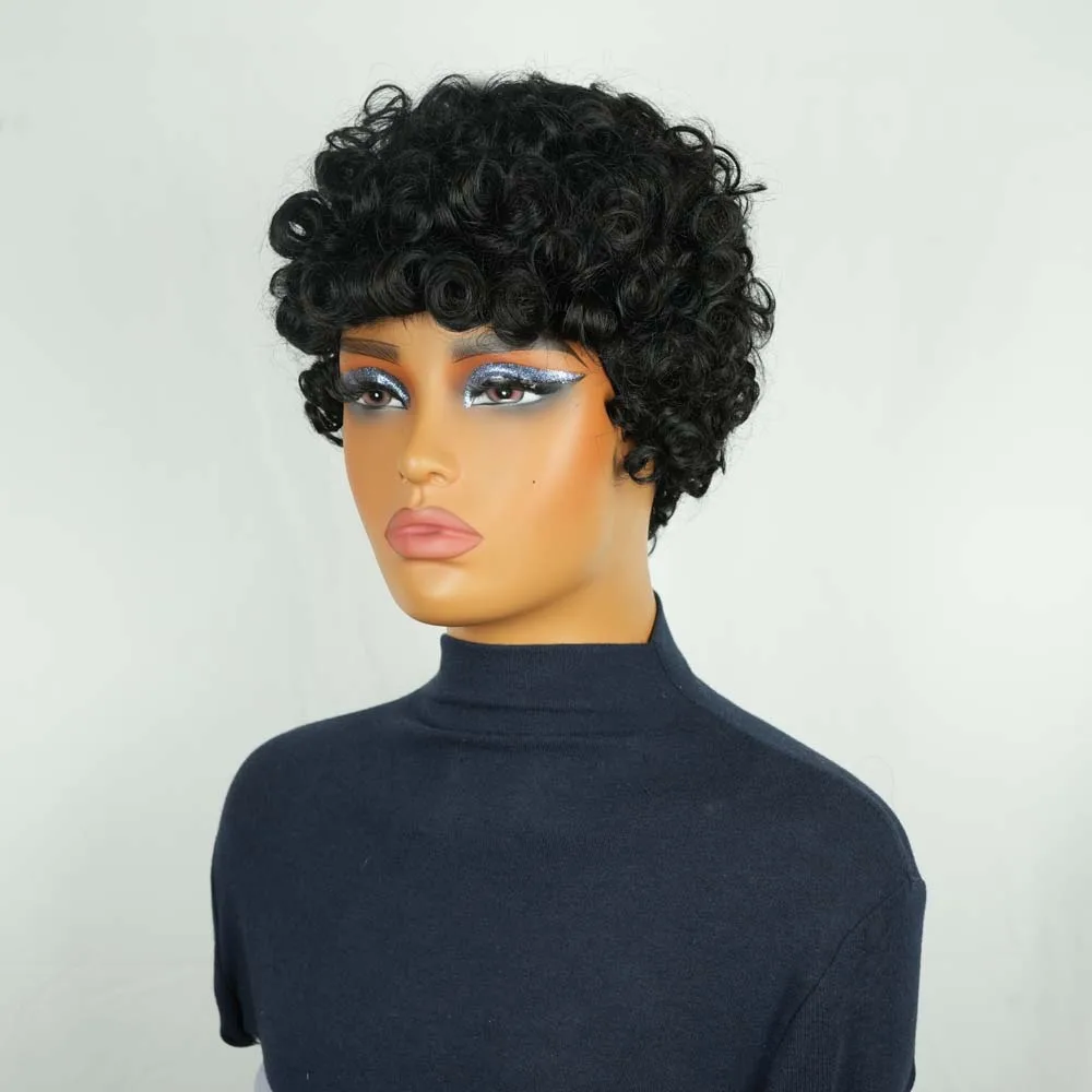 짧은 픽시컷 가발 인모 곱슬 웨이브 가발 흑인 여성용 짧은 워터 웨이브 머신 가발 일상용