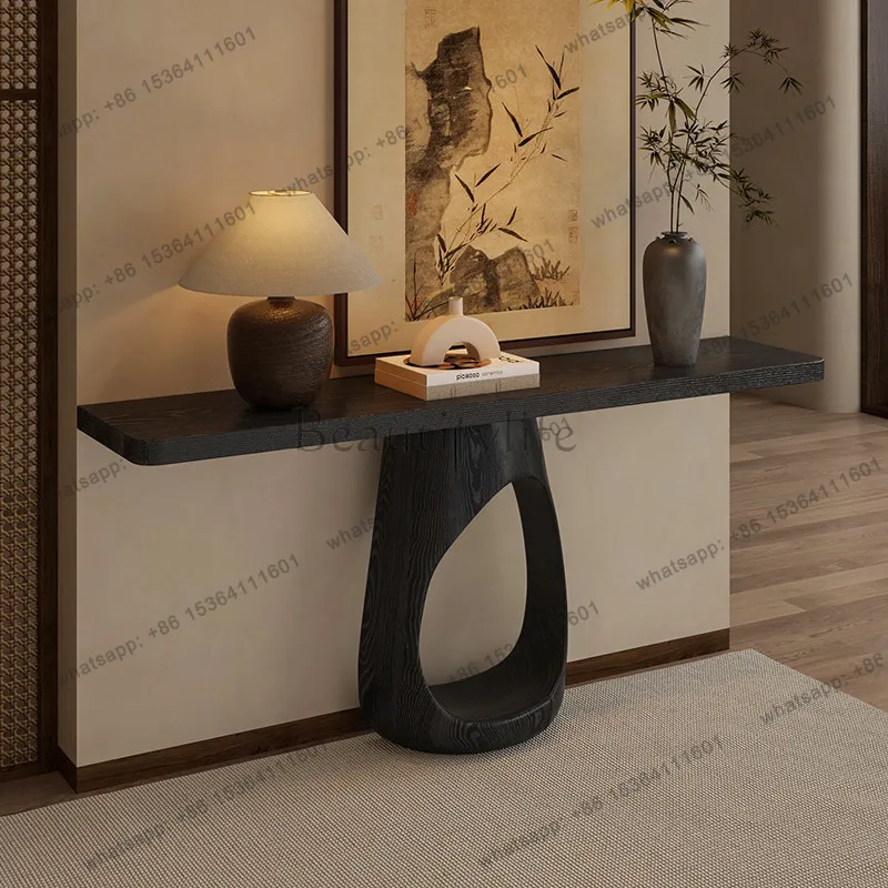 Wabi Sandy Wind Solid Wood Entrance Table Long Strip Several Carbonized Black Entrance Platform Against the Wall