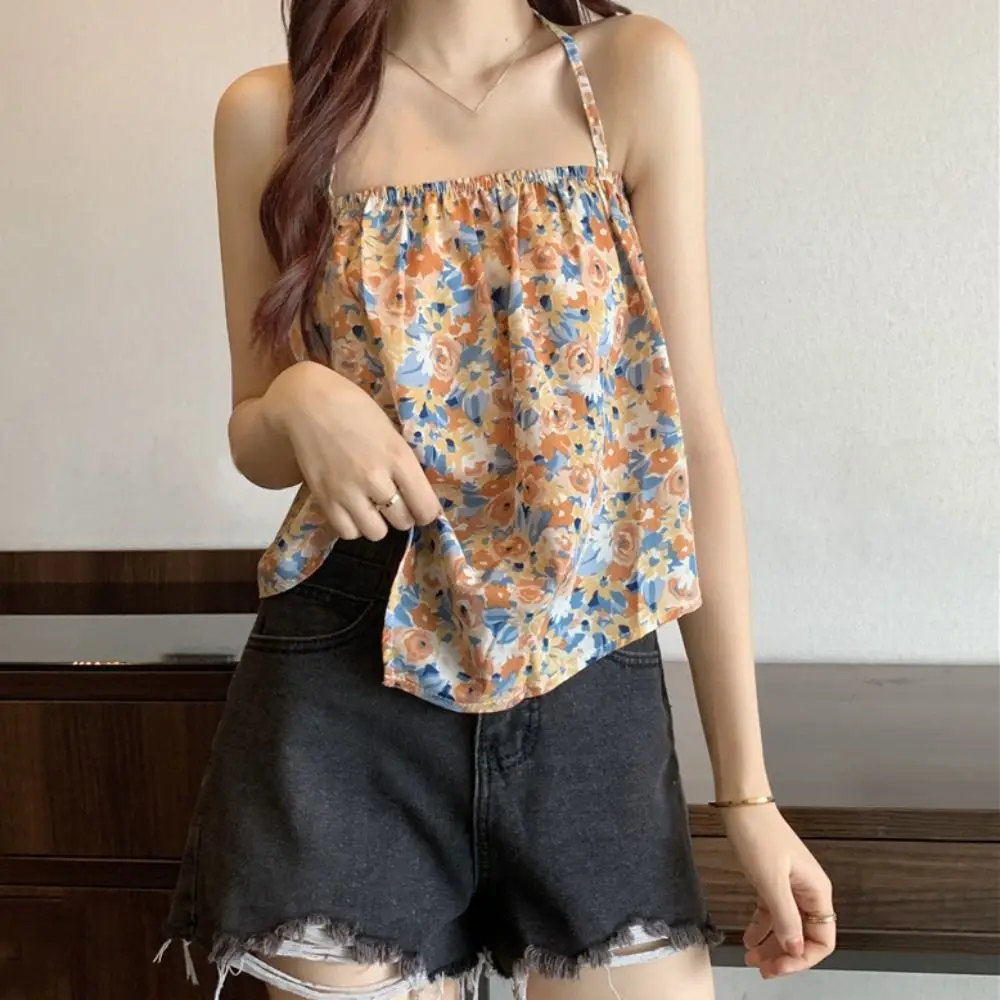

Fashion Sleeveless Sweet Flower Halter Vest Thin Loose Floral Crop Tops Camisole Spicy Girl Tops Women