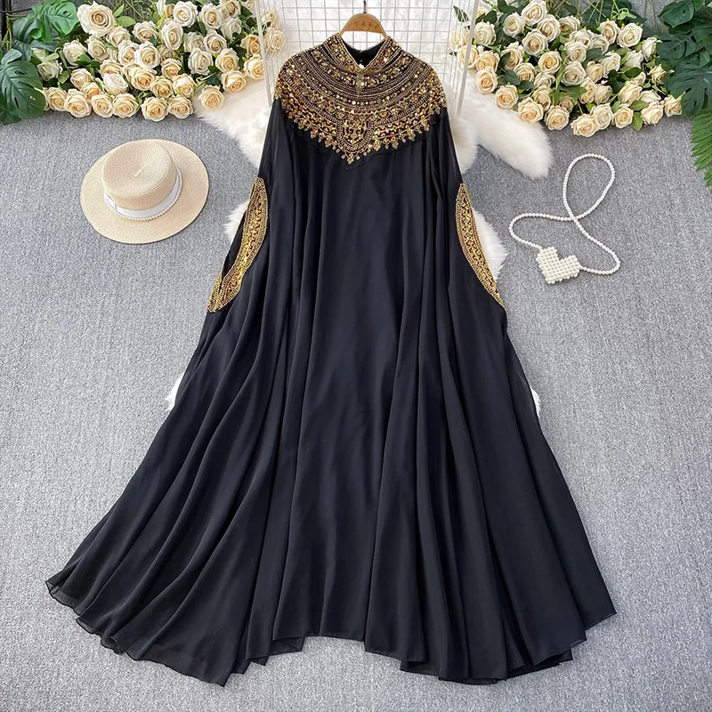 Damen-Maxikleid mit hohem Kragen, Strass-Stickerei, ärmellos, weich, bequem, trendig, lässig, für den Alltag und den Arbeitsweg.