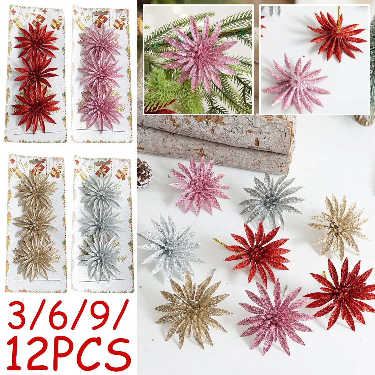 

3/6/9/12PCS Sparkling Pink Simulation Flowers Fake Flowers Plastic Flowers Christmas Tree Decoration Xmas Atmosphere Decoration