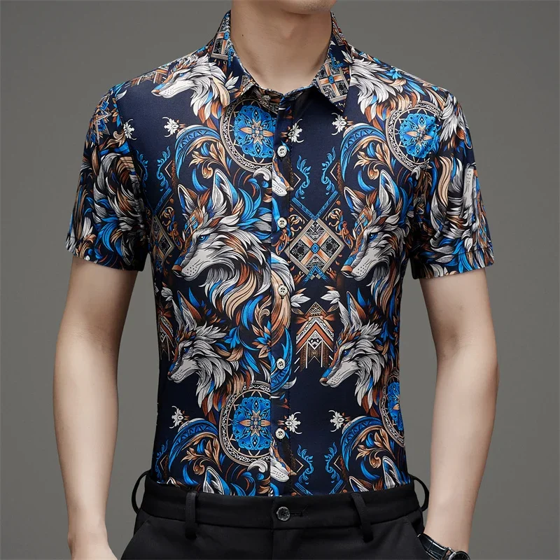Camisa estampada de manga corta de seda de hielo para hombre, camisa informal resistente a las arrugas, novedad de verano