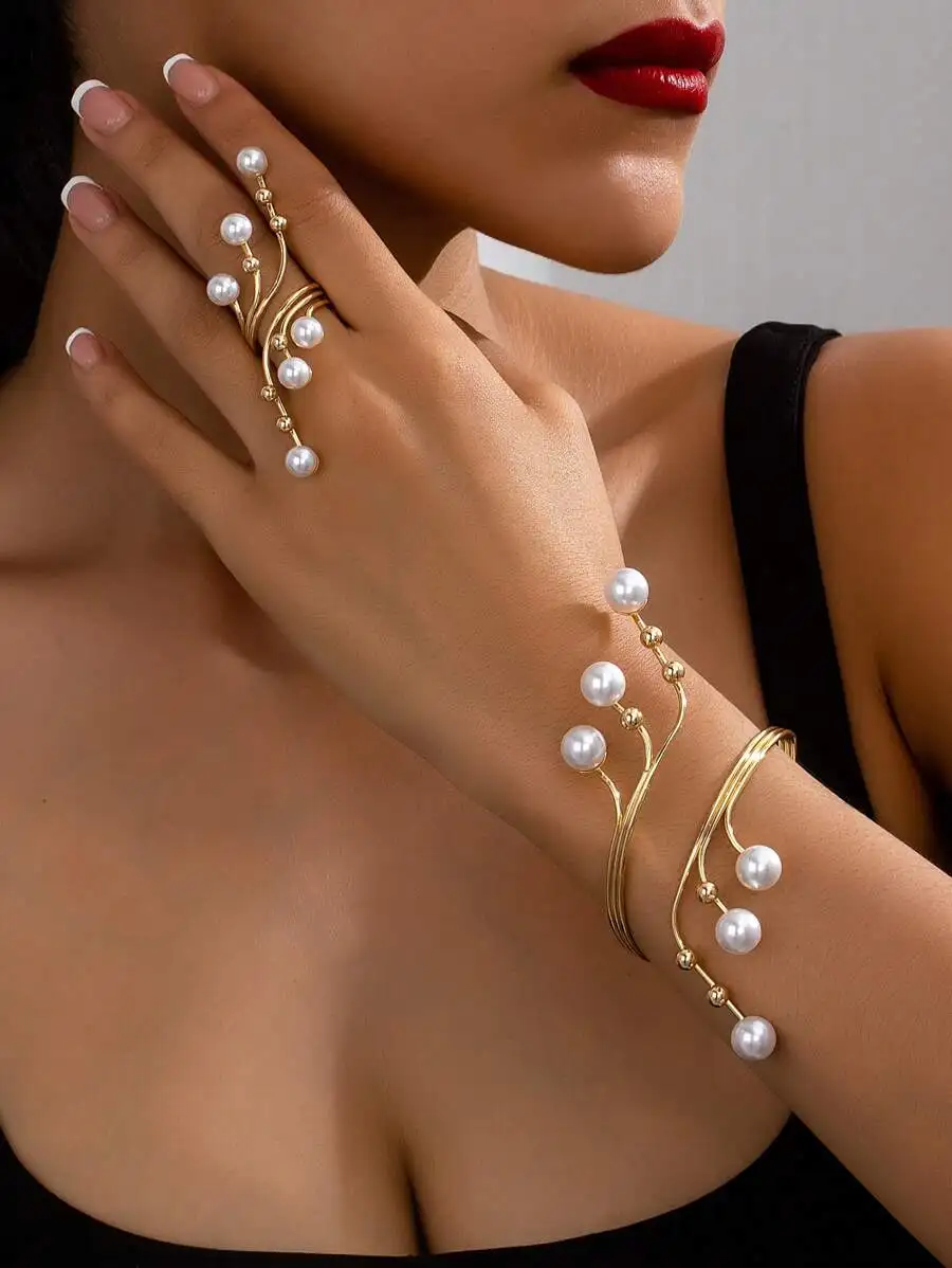 Geometric Line Pearl Bracelet And Thick Ring Set For Women Vintage Fashion Jewelry