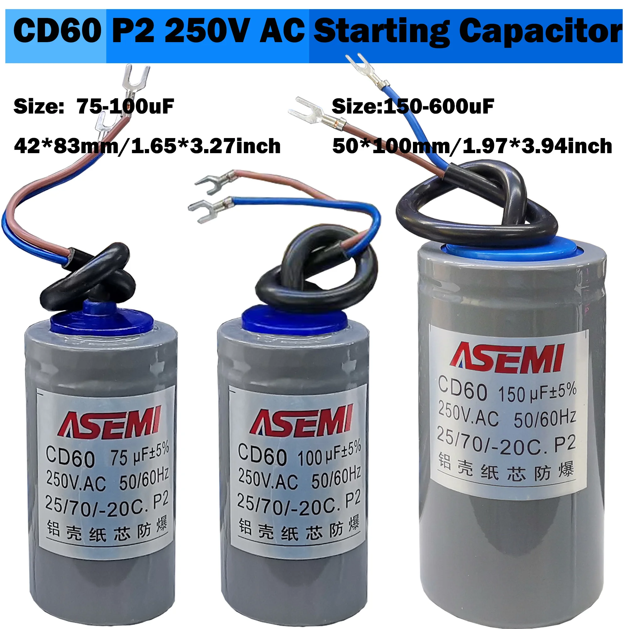 250V CD60 150uF 200uF 250uF 300uF 350uF P2 AC 50/60Hz Starting Capacitor Startup Aluminum Shell Paper Core