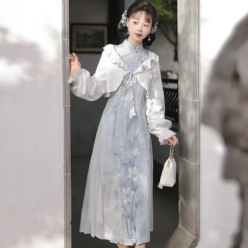 Frost Falling Chinese Style Improved Han Element Women's Top Qipao Dress Half Skirt Set Sweet Art Retro Lolita Party Dress