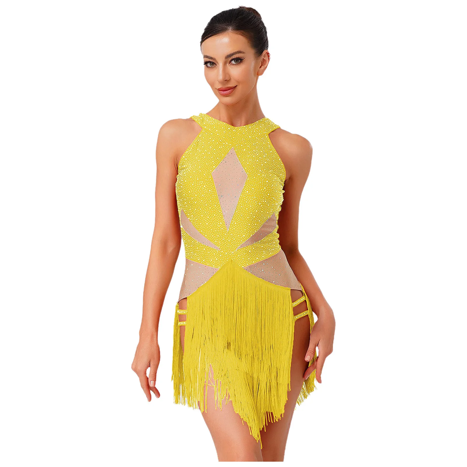 

Womens Latin Tango Dance Leotard Dress Shiny Rhinestones Backless Tiered Tassel Contrast Color Bodysuit for Chacha Rumba Samba