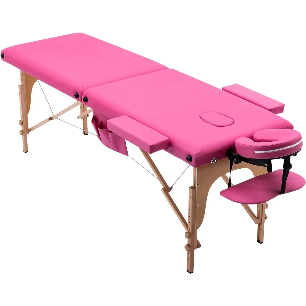 Massage Table Massage Bed Portable, 29 LBs Light Weight 2 Section Foldable Tattoo Bed with Accessories Carrying Bag, Pink