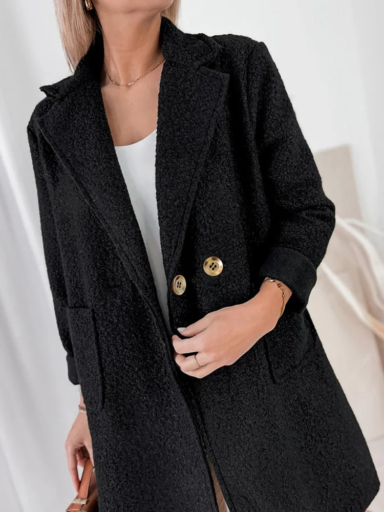 Gibsie plus size entalhado pescoço duplo breasted casaco de lã outono inverno feminino elegante outerwear bolsos solto preto casacos longos