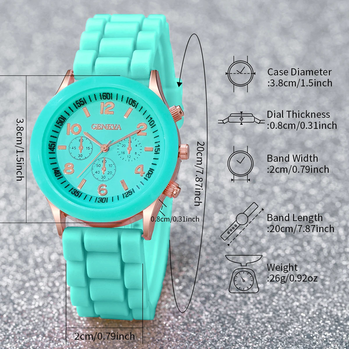 5pcs/Set Mint Green Fresh Fashion Watch Three Eye dial Silicone strap Quartz Watch Cat Eye Jewelry Set