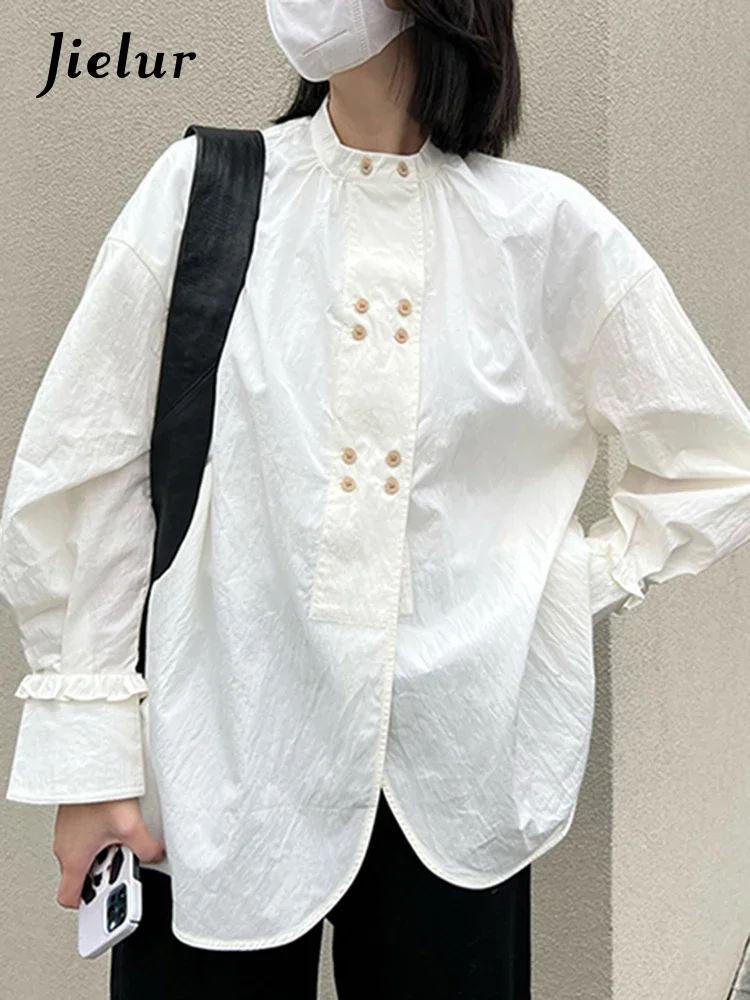 

Jielur White Chic Buttons Lantern Sleeve Shirts Pure Color Straight Loose Fashion Female Streetwear Simple Office Ladies Shirt