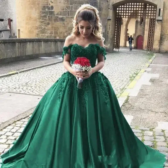 Customized Vestido De Noiva Off The Shoudler Wedding Dress  Princess Green Lace Appliques Bridal Gown Beads Robe De Mariee